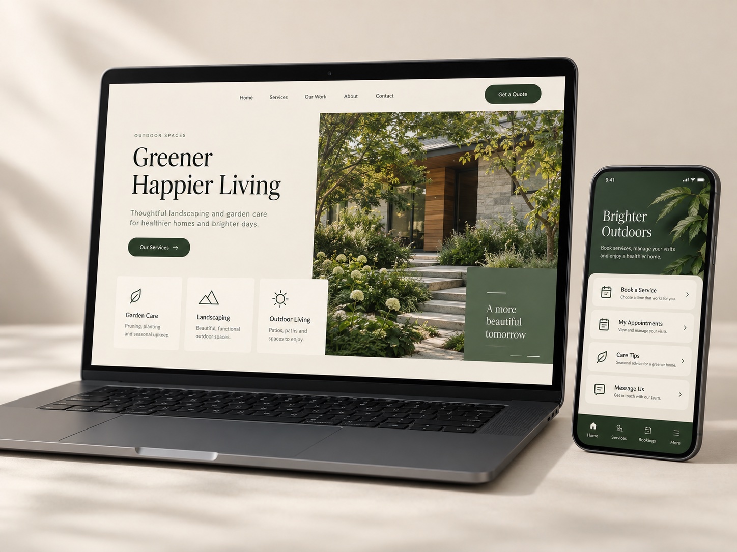Concept website and mobile app for a local landscaping business displayed on a laptop and phone